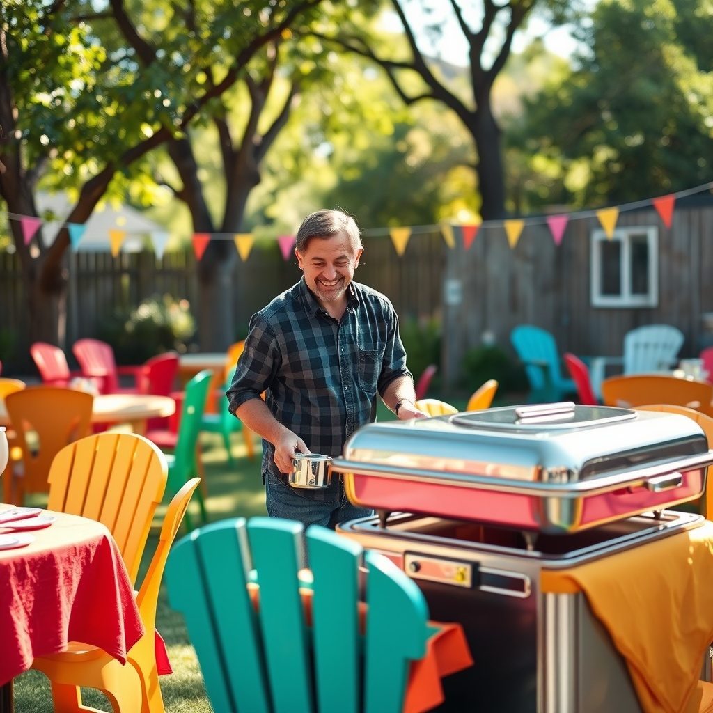 Backyard gathering setup with chairs and linens
