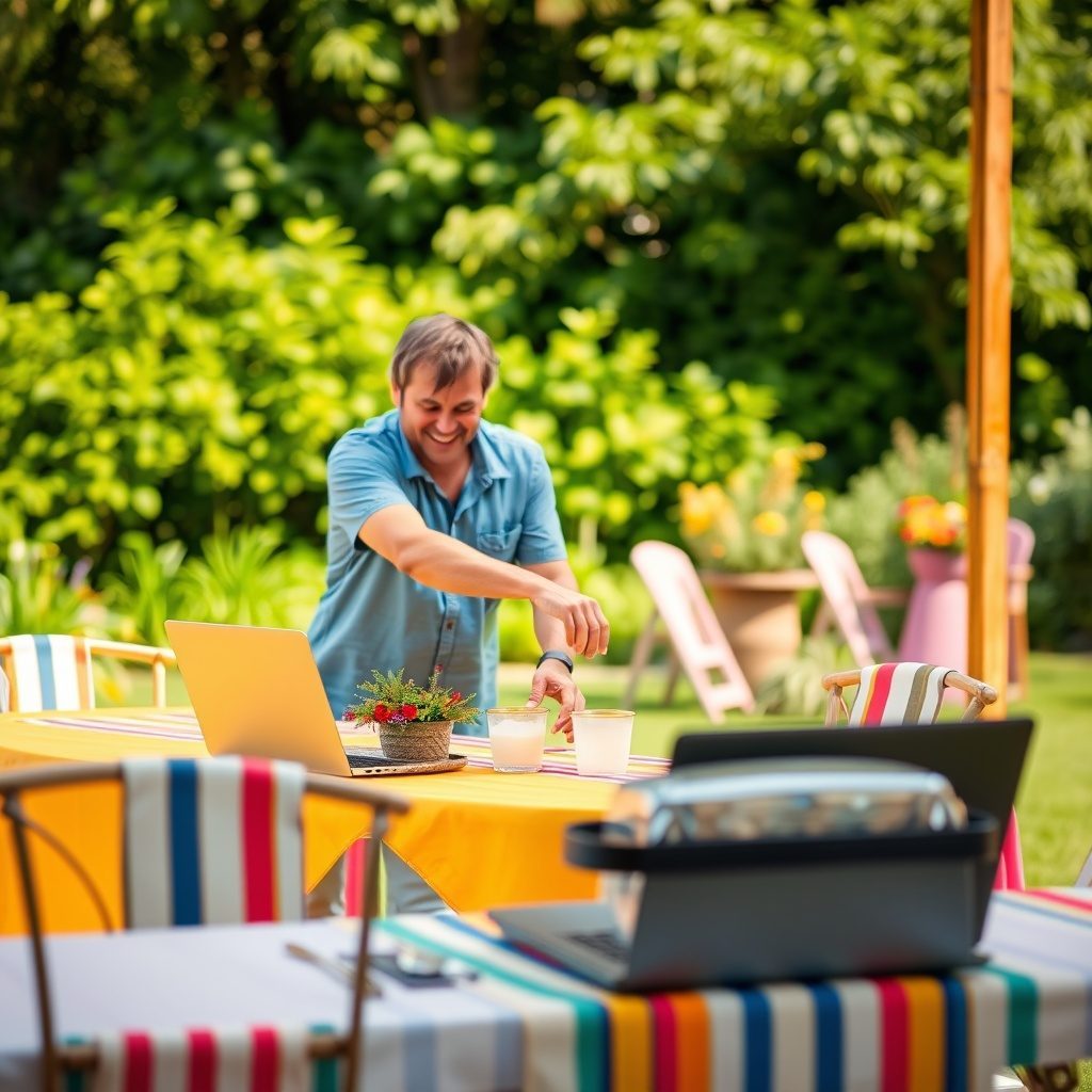 Backyard gathering setup with chairs and linens