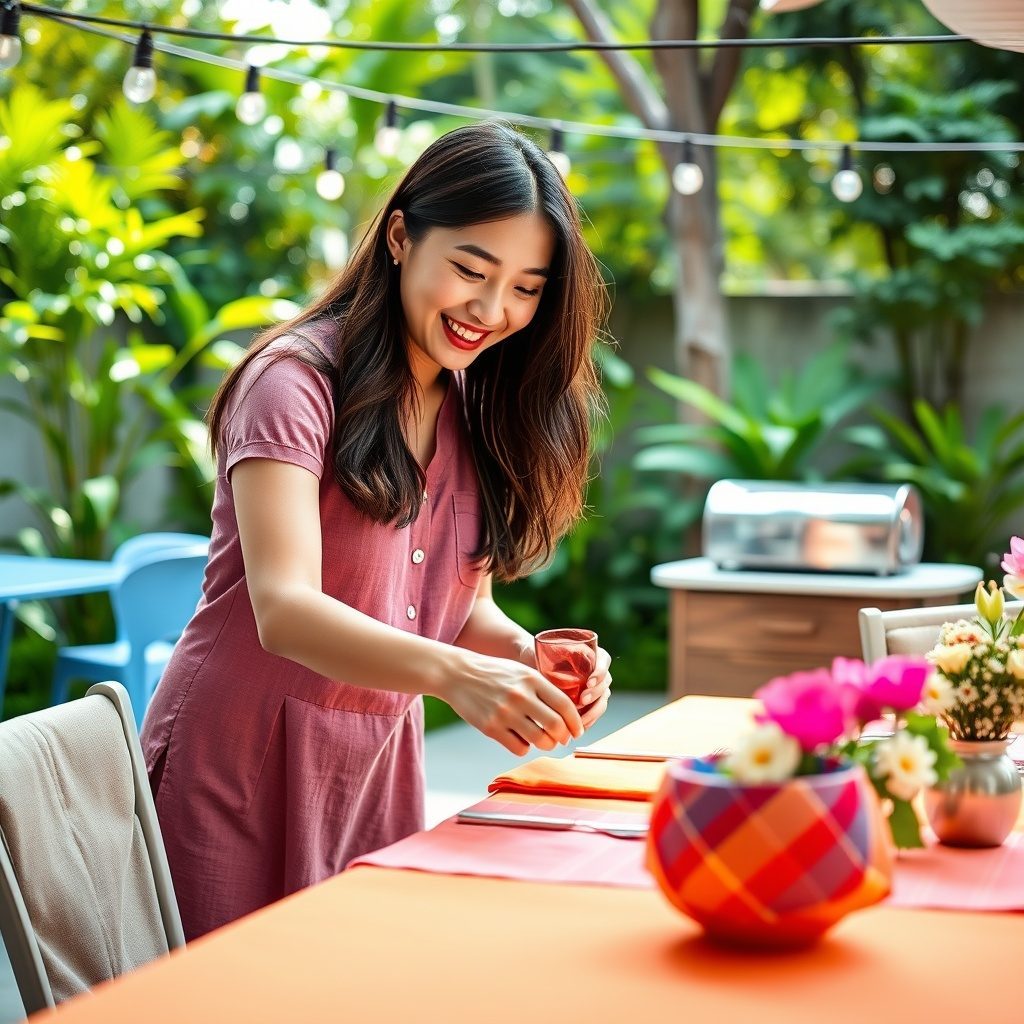 Backyard party setup with chairs and linens