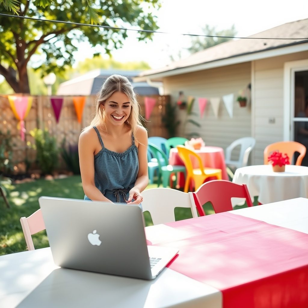 Backyard party setup with chairs and linens